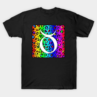 Taurus Zodiac Horoscope Rainbow Leopard Print Square Monogram T-Shirt